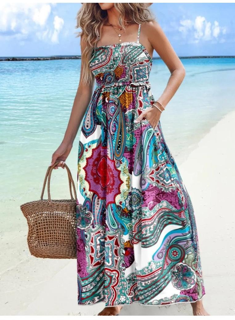 Damen Bedrucktes Smocked Maxi Cami Kleid