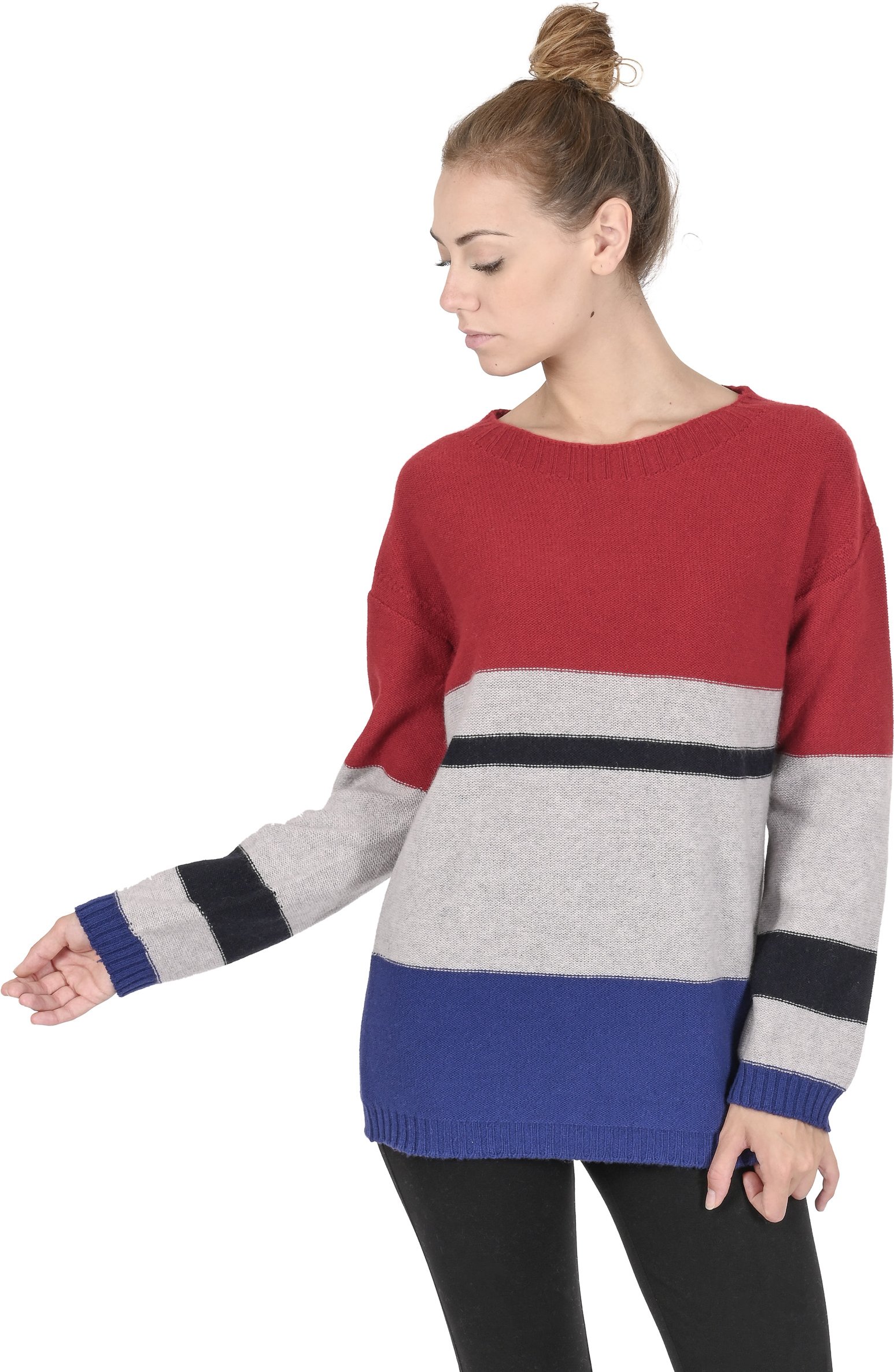 Thumbnail - Kaschmir Pullover mit Rundhalsausschnitt Mehrfarbiger Streifen