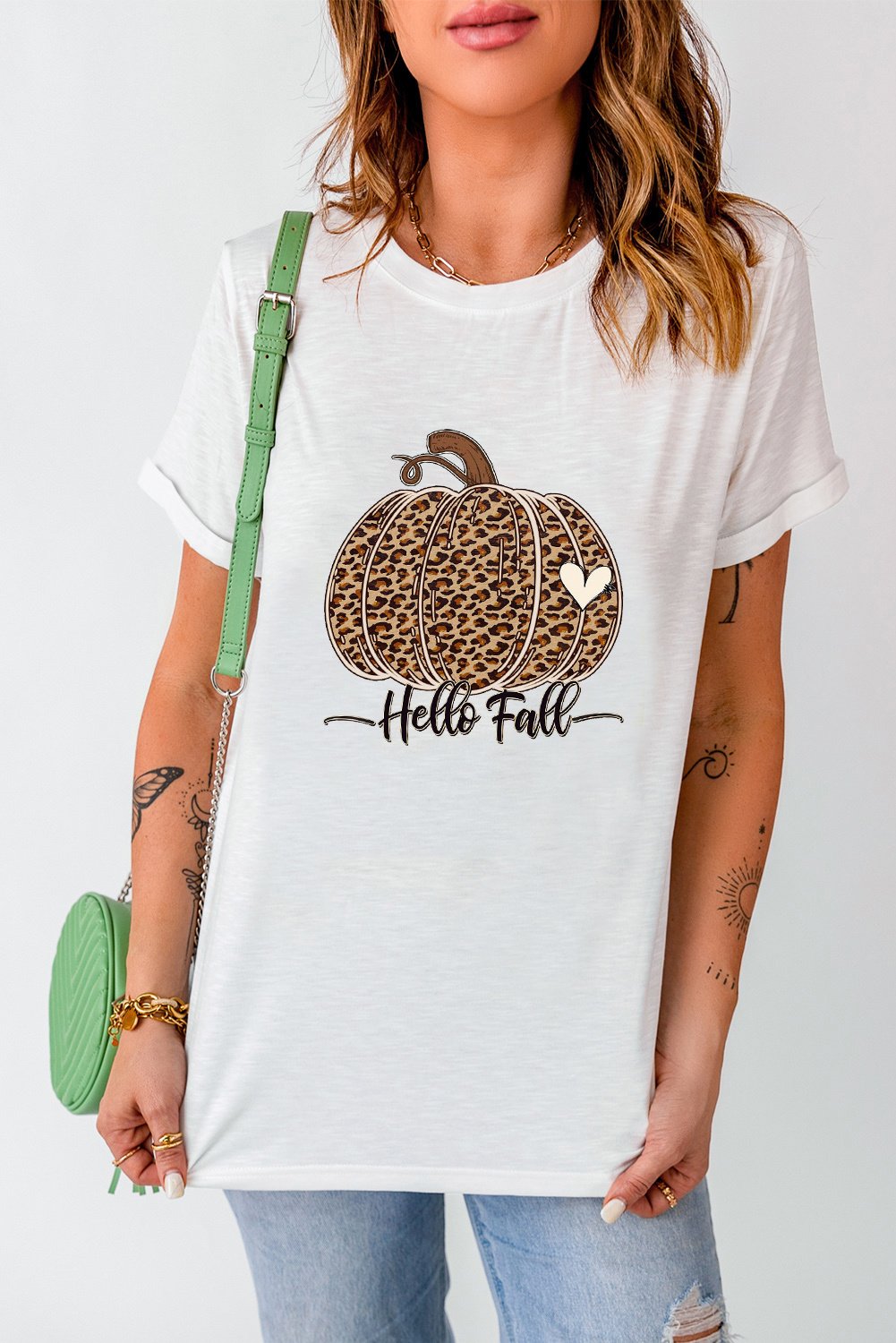 Weißes Hello Fall Leopard Kürbis Grafik T-Shirt