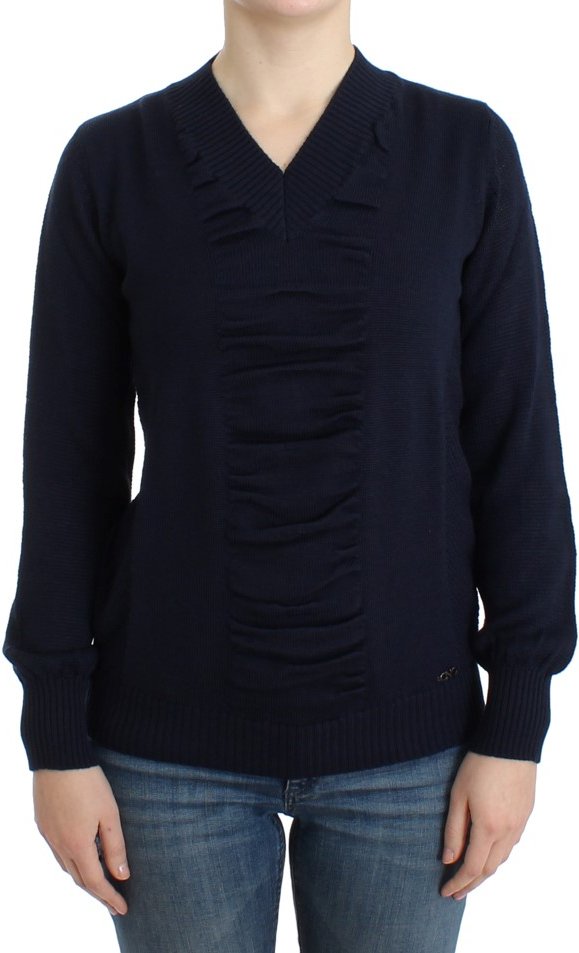 Costume National Pull en laine bleu foncé à col en V pour femme