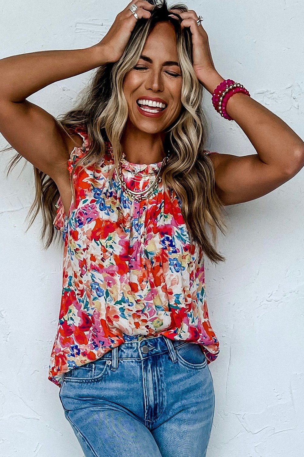 Rotes Rüschenhals Falten Boho Blumen Tanktop