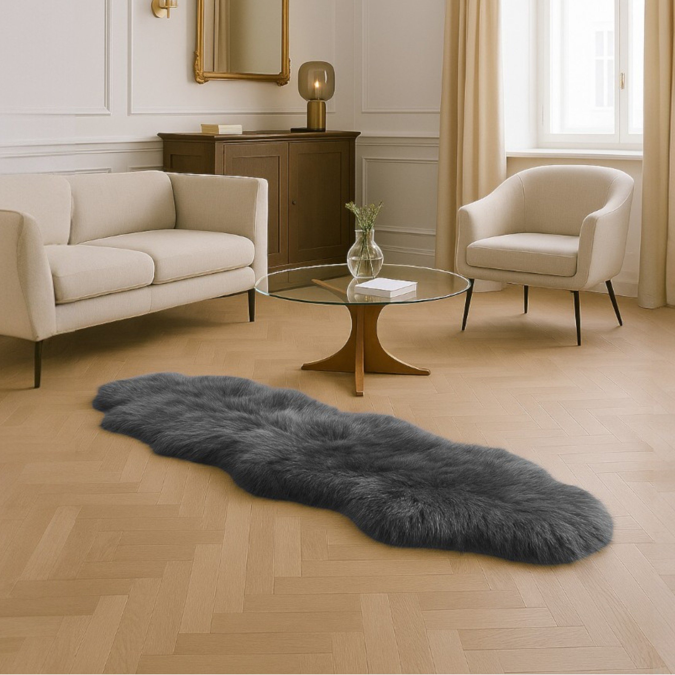 Echter Schaffell-Teppich, Anthrazitgrau, doppelt, natürlich, seidig, flauschig, weich, echte Wolle