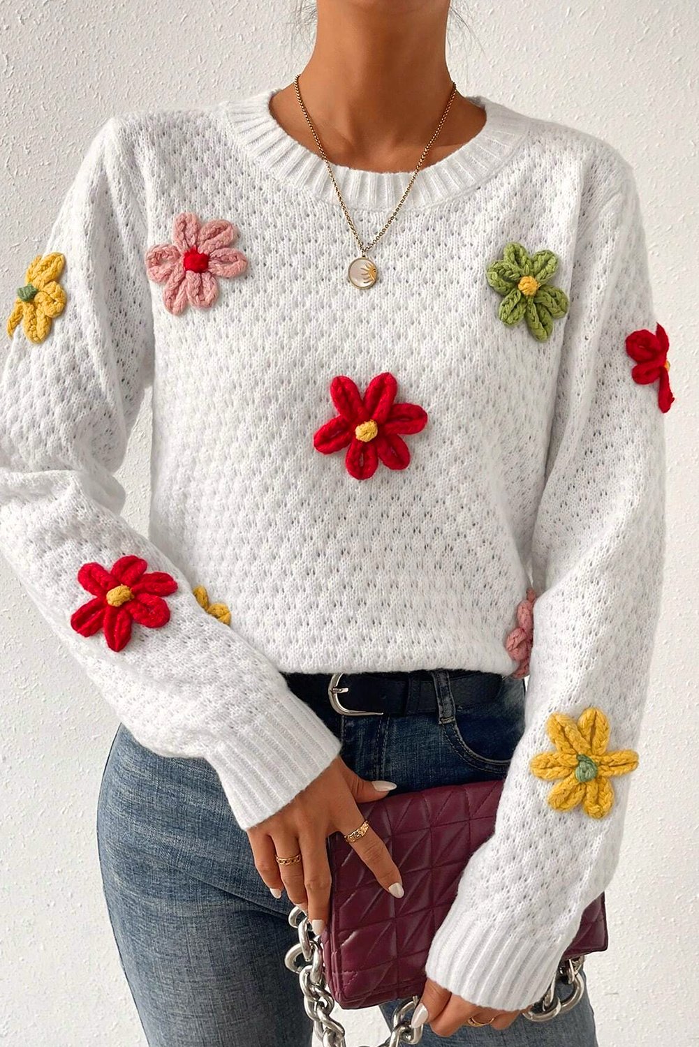 Weißer Bunter Blumen Applikation Strukturierter Strickpullover