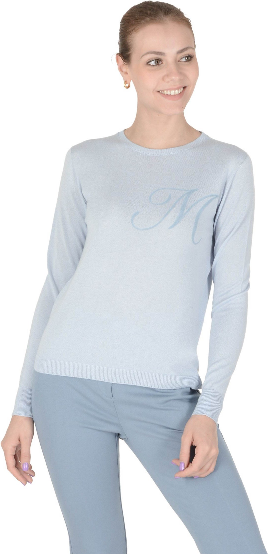 Crown Of Edinburgh Cachemire Manches Longues Art 004 Bleu Clair Lettre M