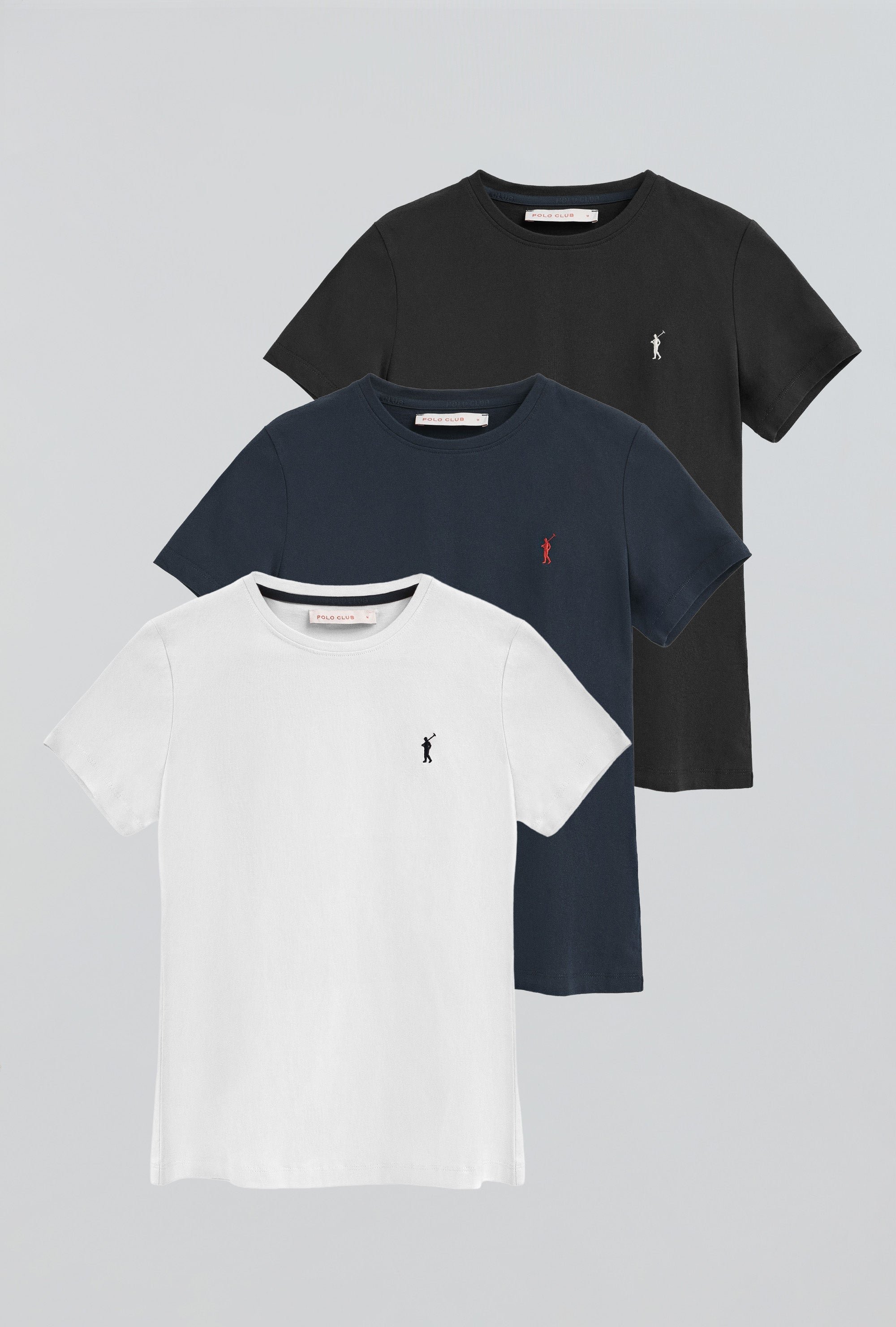 Dreierpack Damen-T-Shirts weiß, schwarz und marineblau mit kurzen Ärmeln und gesticktem Rigby Go-Logo