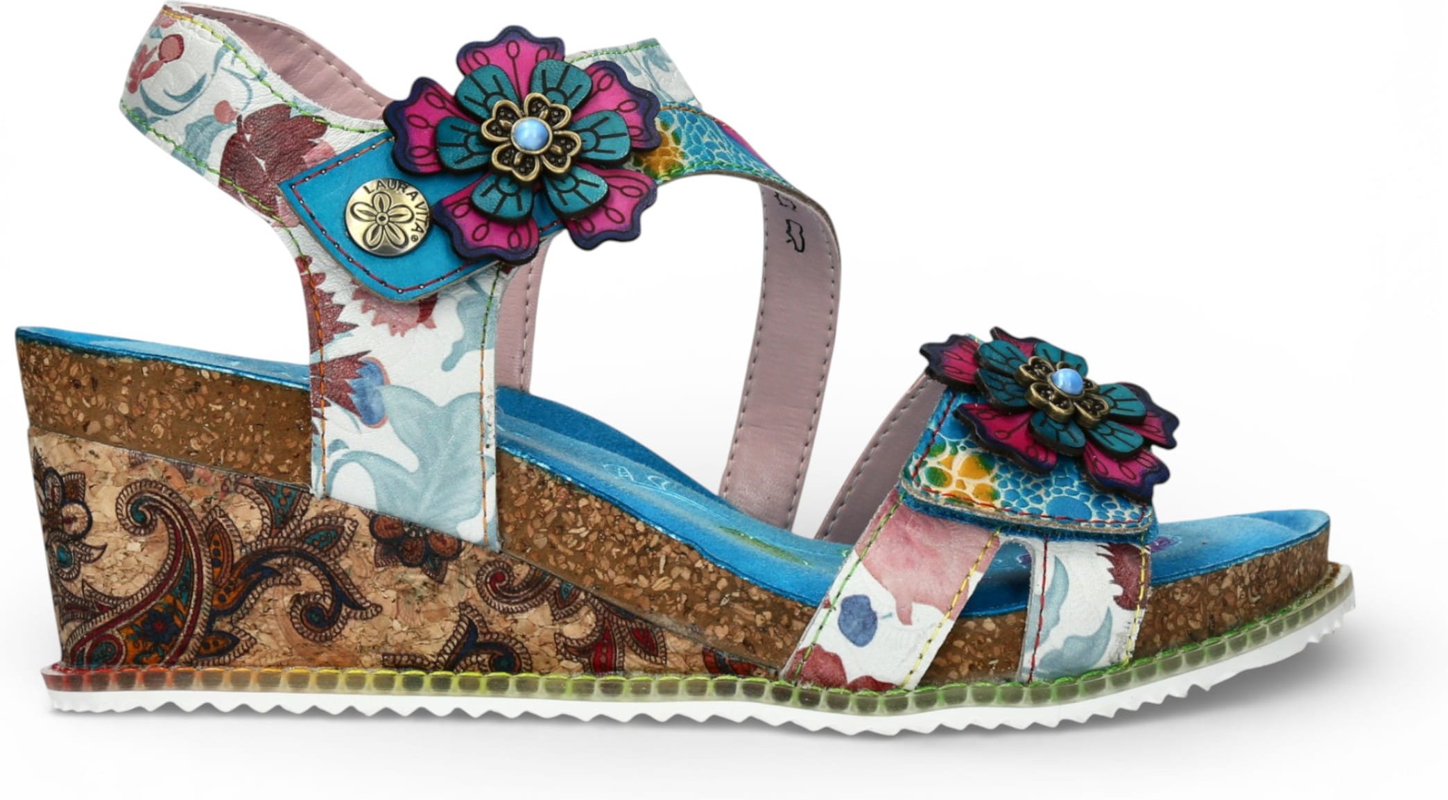 Laura Vita Damen-Espadrilles „Bonito 32“ aus türkisblauem Leder mit Blumenmuster und Keilabsatz