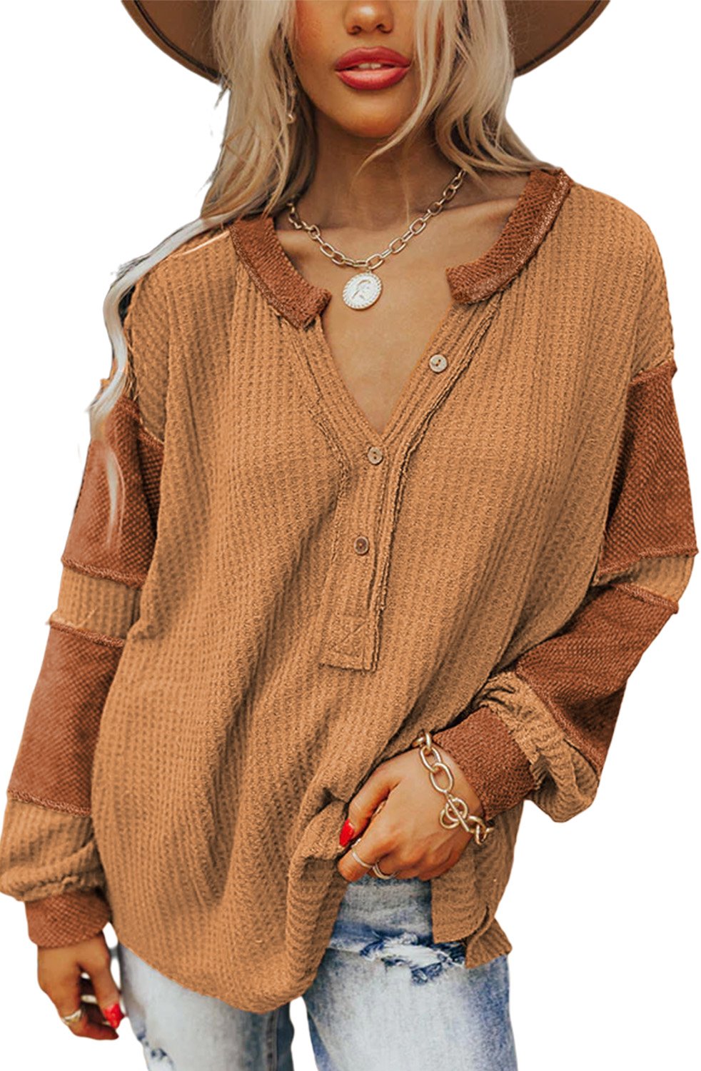 Orange Kontrast Patches Offen Naht Waffelstrick Henley Top