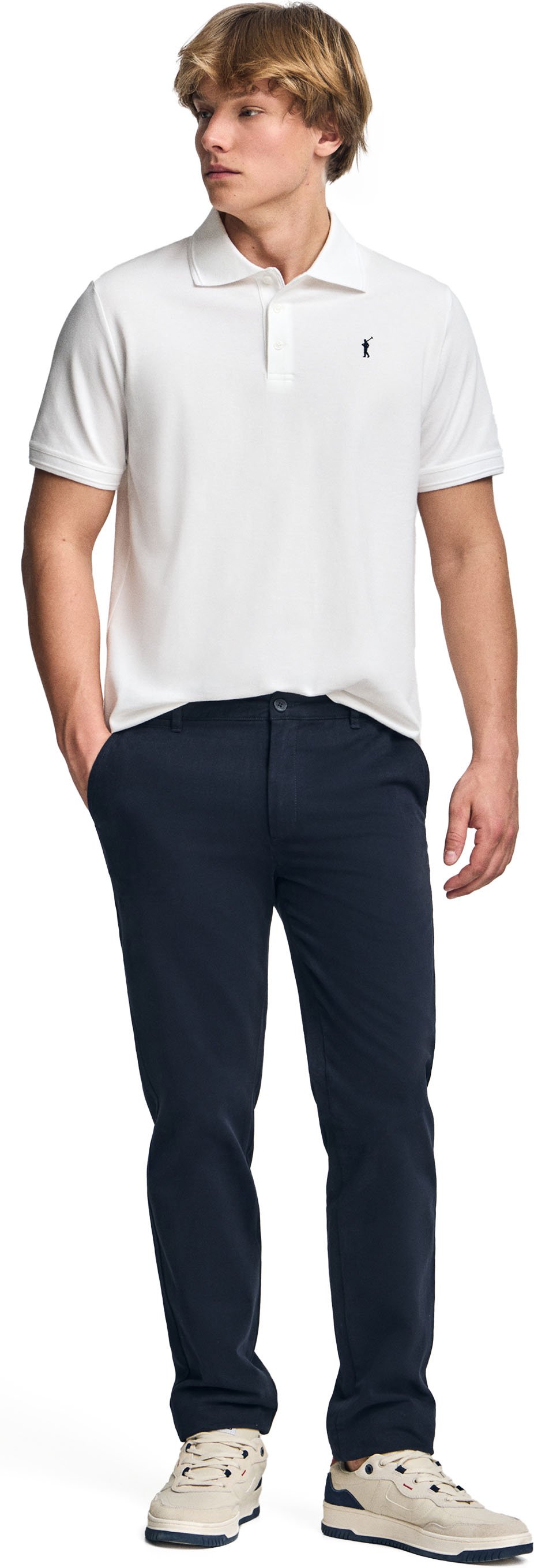 Kurzärmliges Poloshirt weiß mit drei Knöpfen und Rigby Go Logo