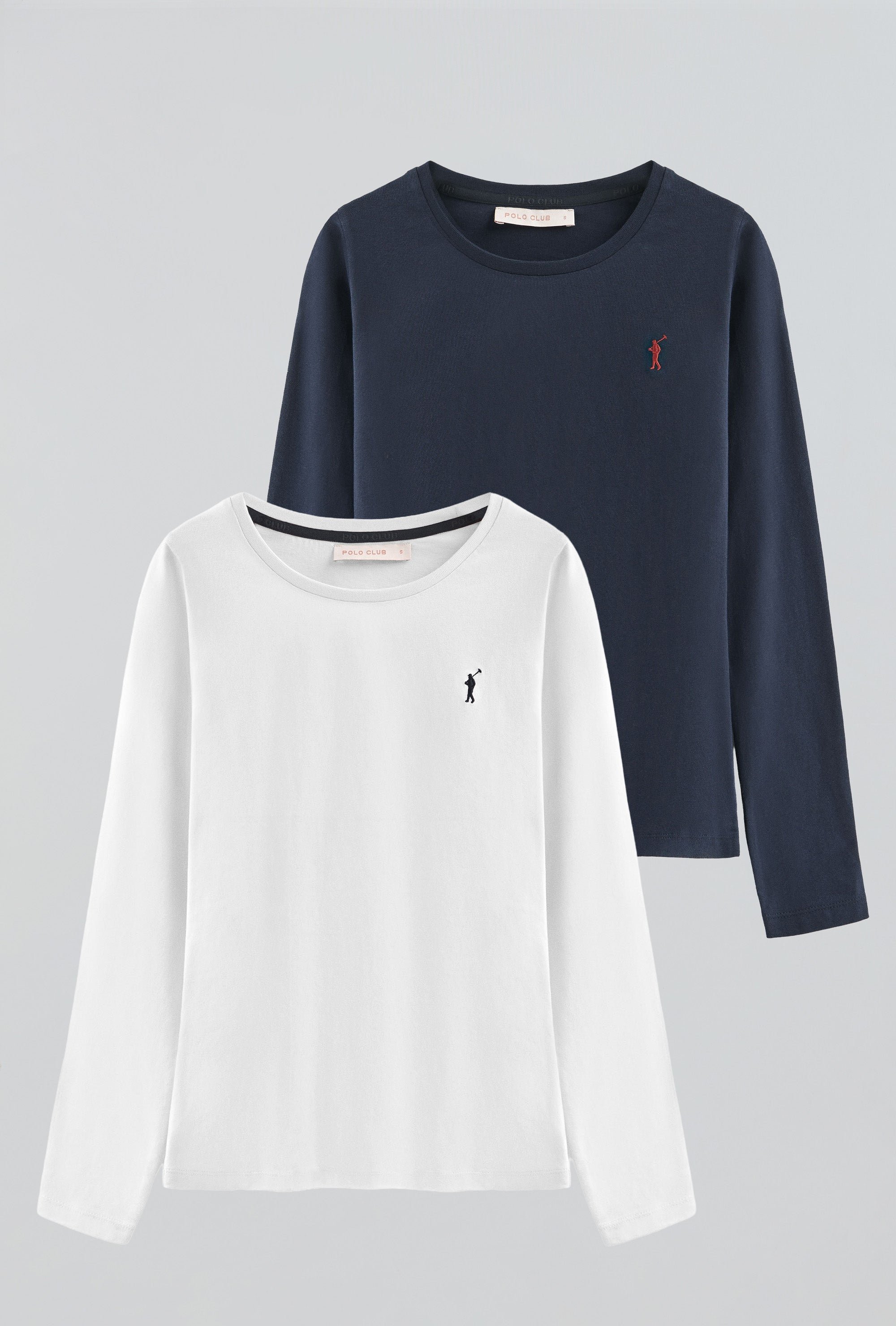 Zweierpack T-Shirts marineblau und weiß mit langen Ärmeln und gesticktem Rigby Go-Logo.