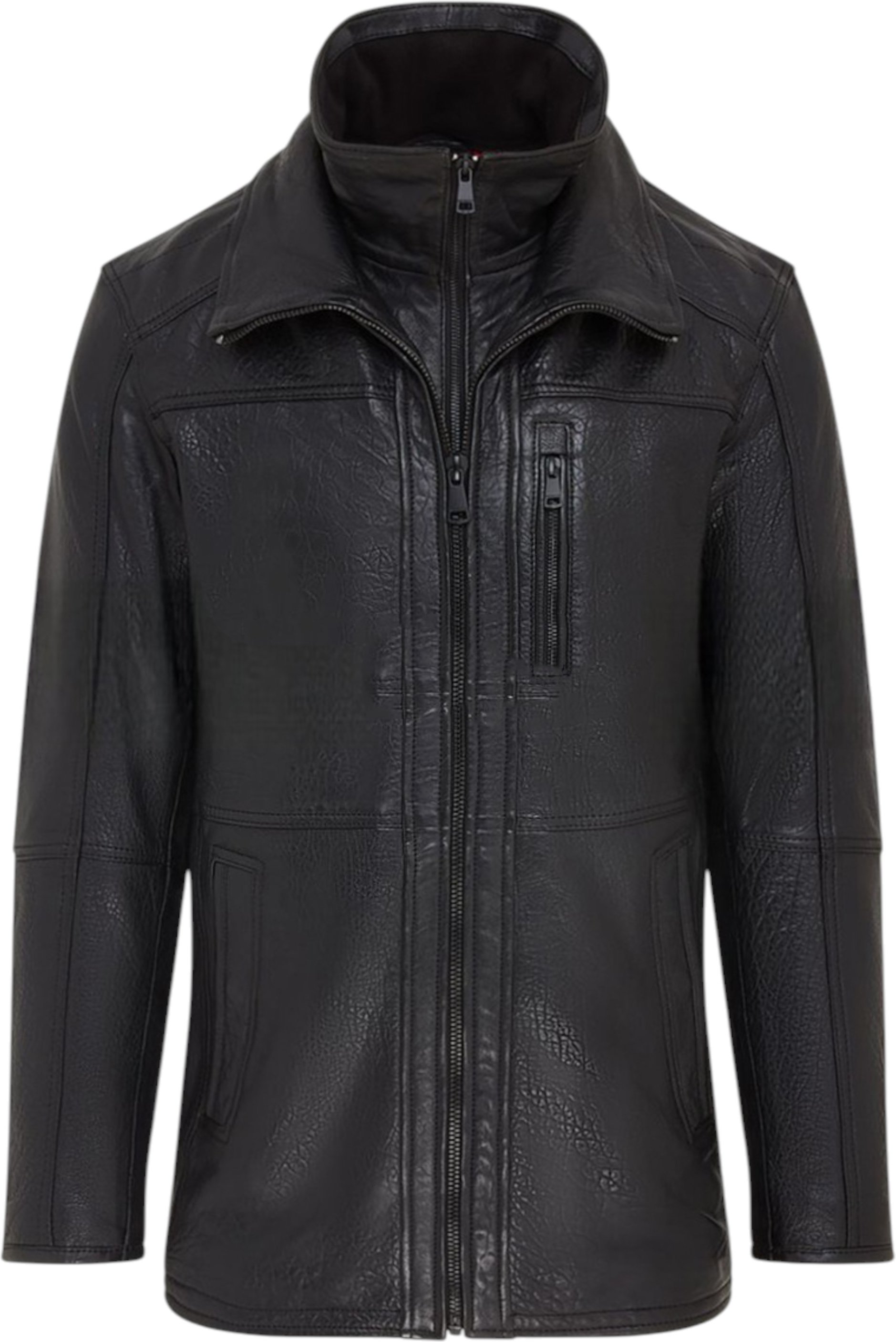 Schwarzer, warmer, mittellanger Bikermantel aus Leder für Herren - Sikander