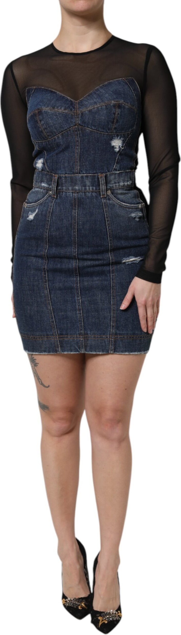 Denim-Mini-Kleid mit Netzüberzug und Used-Look