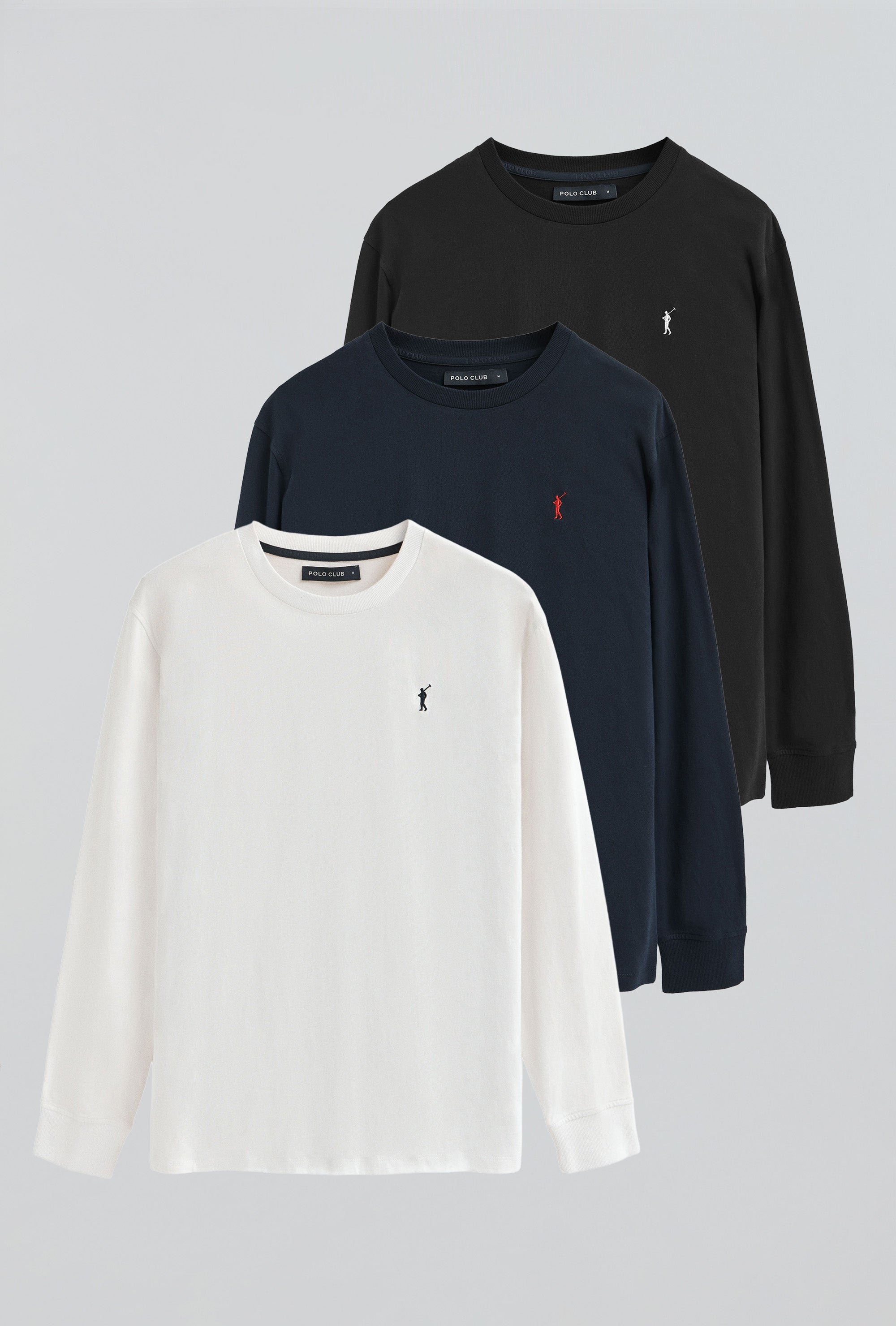 Dreierpack Herren-T-Shirts schwarz, marineblau und weiß mit langen Ärmeln und gesticktem Rigby Go-Logo