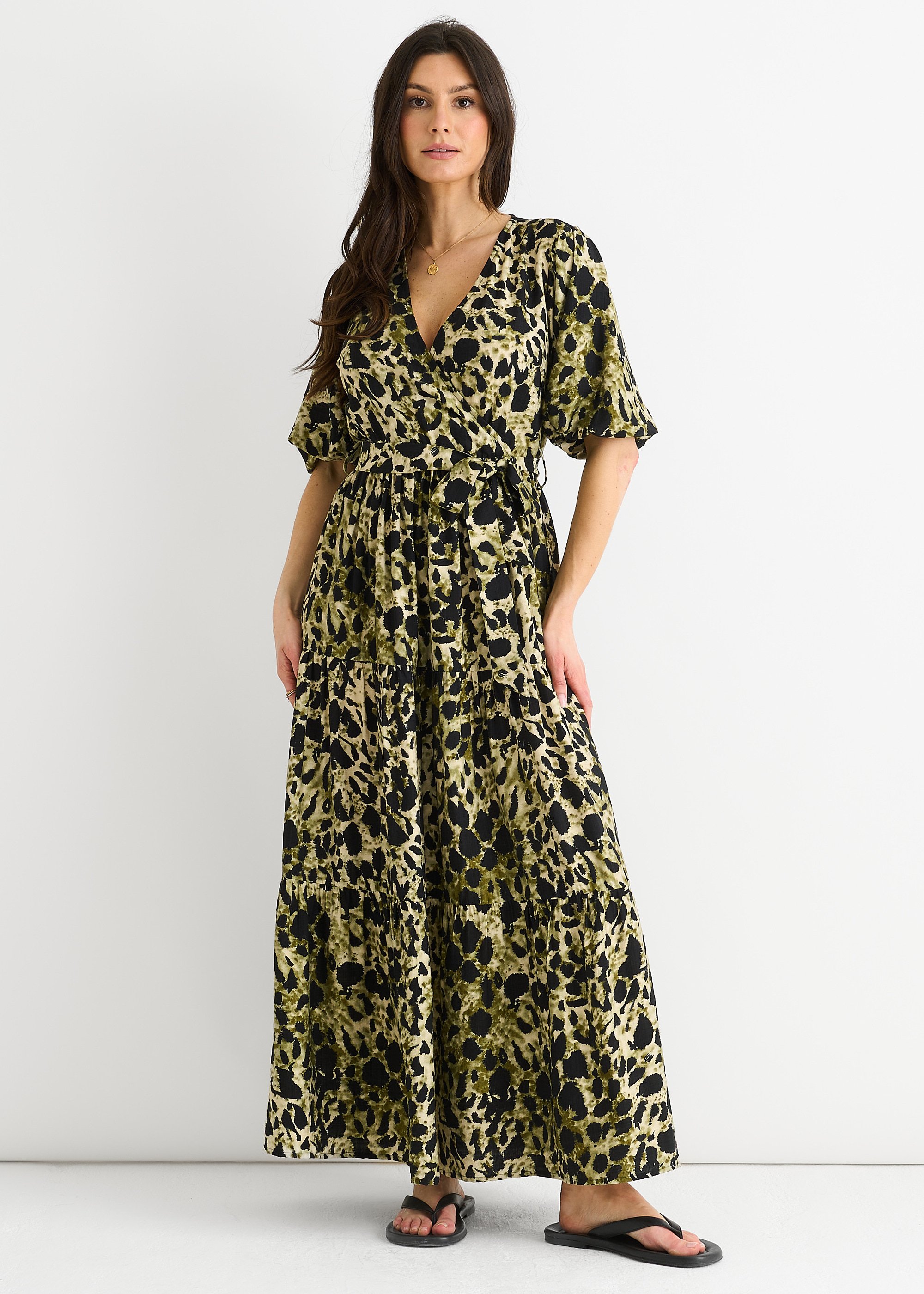 Grünes Skater-Maxikleid mit Tiermotiv in Wickeloptik