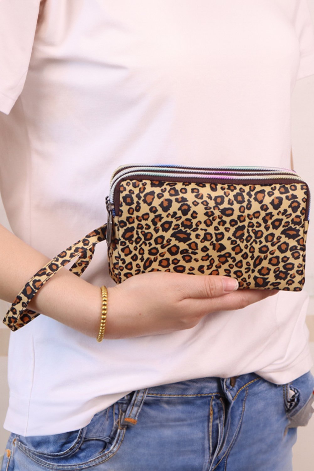 Dreifach-Reißverschluss Leopardmuster Clutch