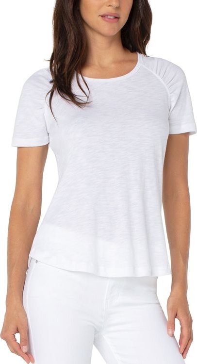 Gesmoktes T-Shirt aus Flammenstrick mit kurzen Ärmeln, weiß