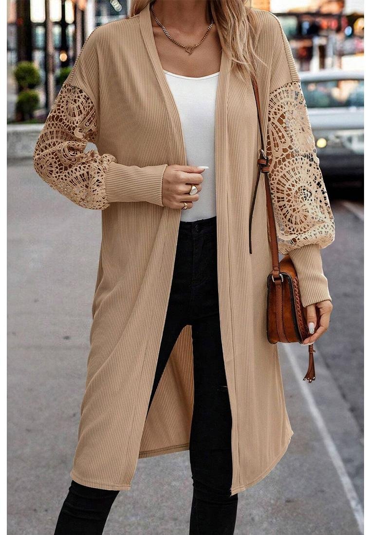 Thumbnail - Pergament Spitze Patchwork Rippstrick Offener Front Duster Cardigan