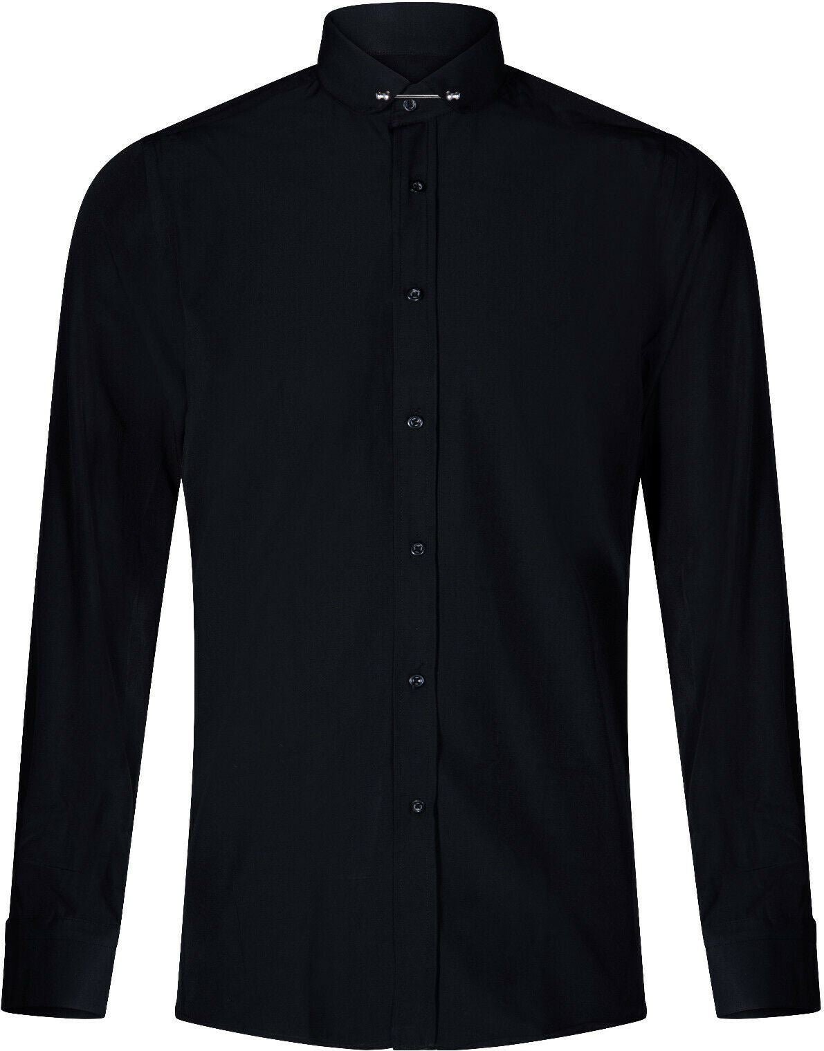 Schwarzes Herrenhemd mit Club-Kragen, 1920er-Jahre, Peaky Blinders, mit Bar-Popeline-Anstecknadel. Smart