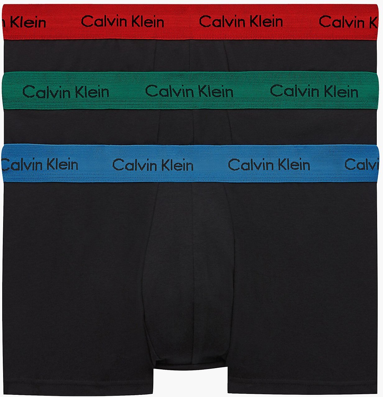 Calvin Klein 3er-Pack Trunks - Low Rise - Cotton Stretch, Schwarz/Grün/Blau/Rot