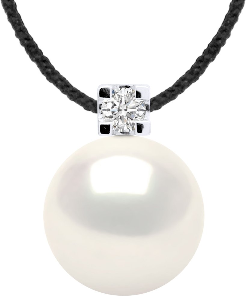 DIADEMA - Halskette - Schwarzes Nylon - Weiße Süßwasserperle und echter Diamant