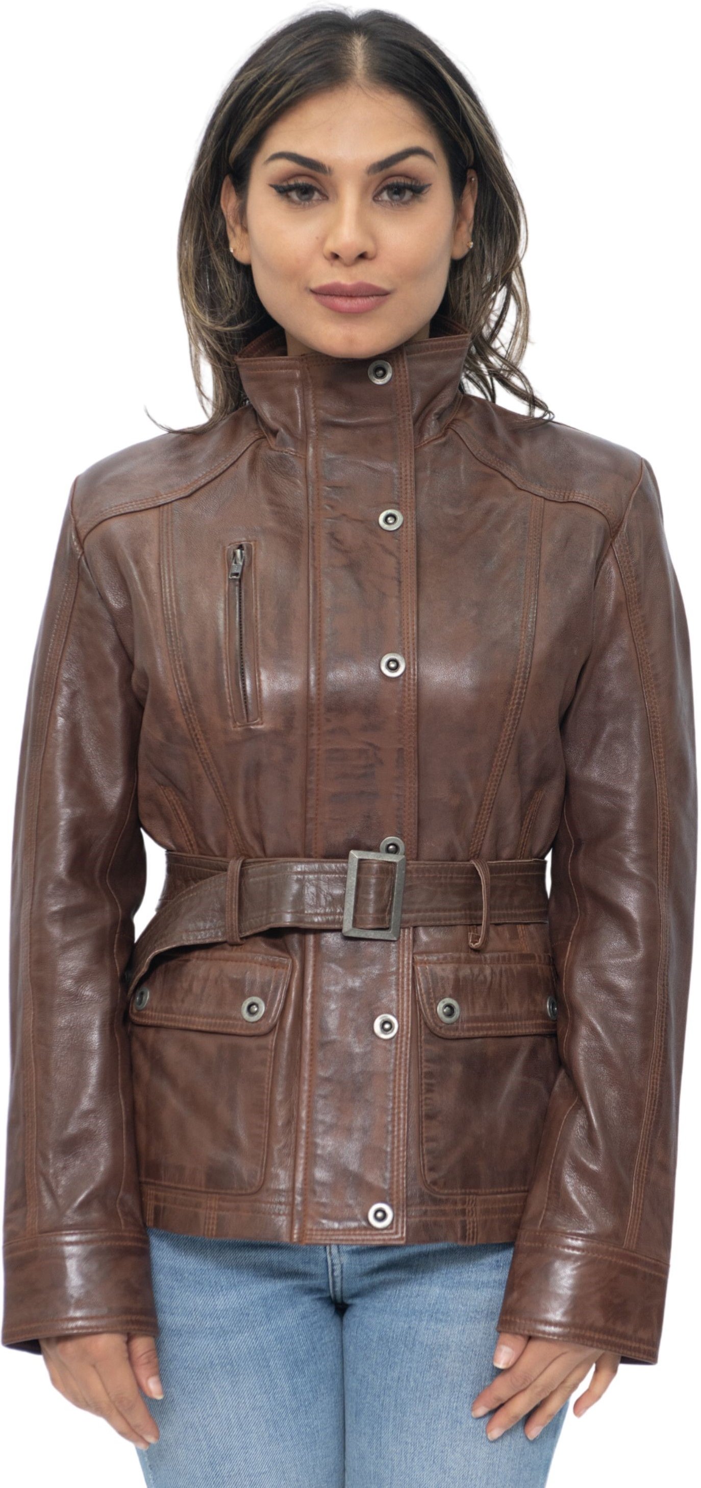 Damen-Bikerjacke aus Leder im Militärstil – Phoenix