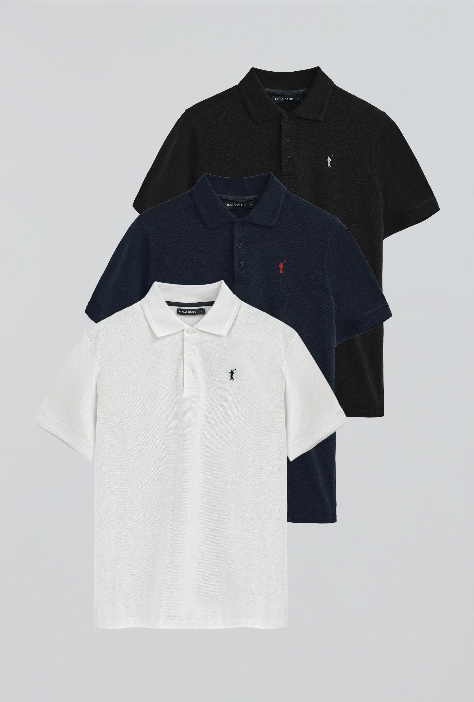Dreierpack Herren-Poloshirts marineblau, weiß und schwarz aus Pikee mit gesticktem Rigby Go-Logo