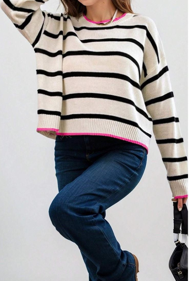 Thumbnail - Azura Exchange Damen gestreifter Pullover mit pinkem Rand, lässig, langärmlig