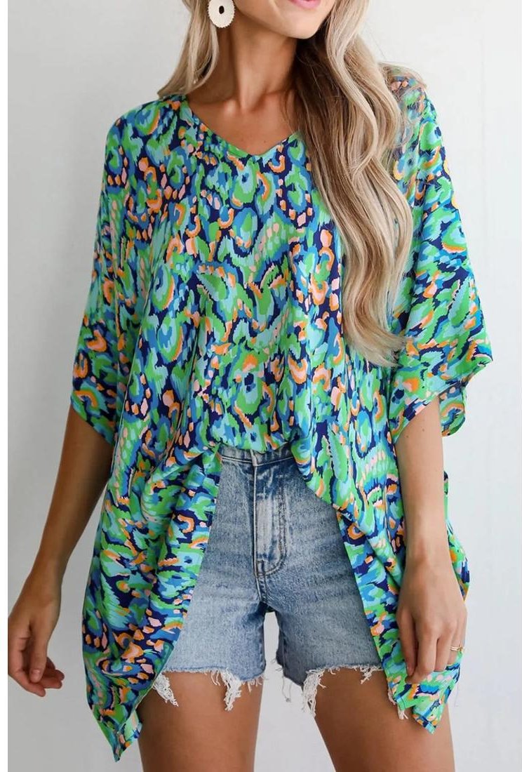 Damen Bluse mit abstraktem Druck, V-Ausschnitt, halbe Ärmel und lässiger Passform