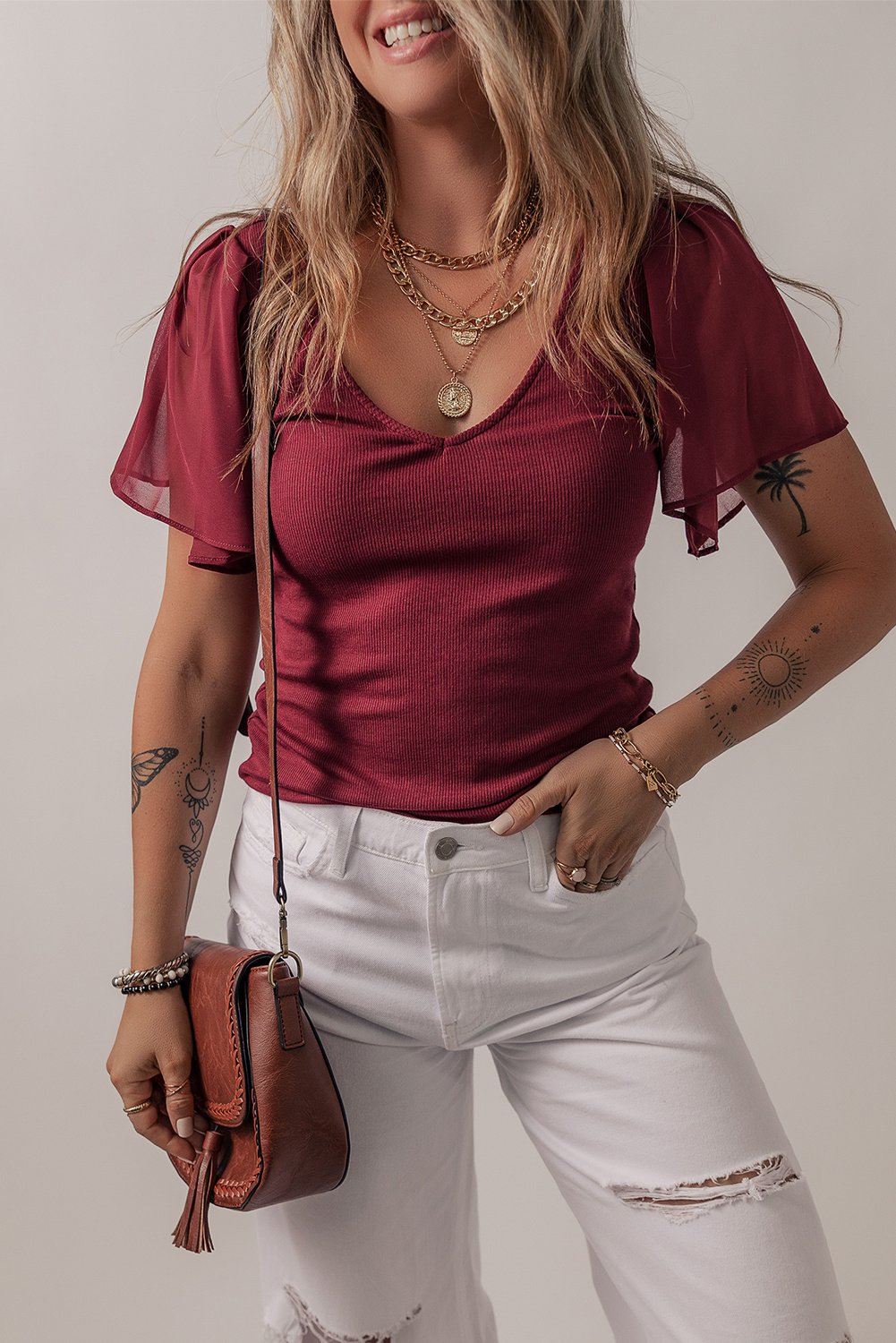 Rippstrick V-Ausschnitt Top mit Flügelärmeln Bluse