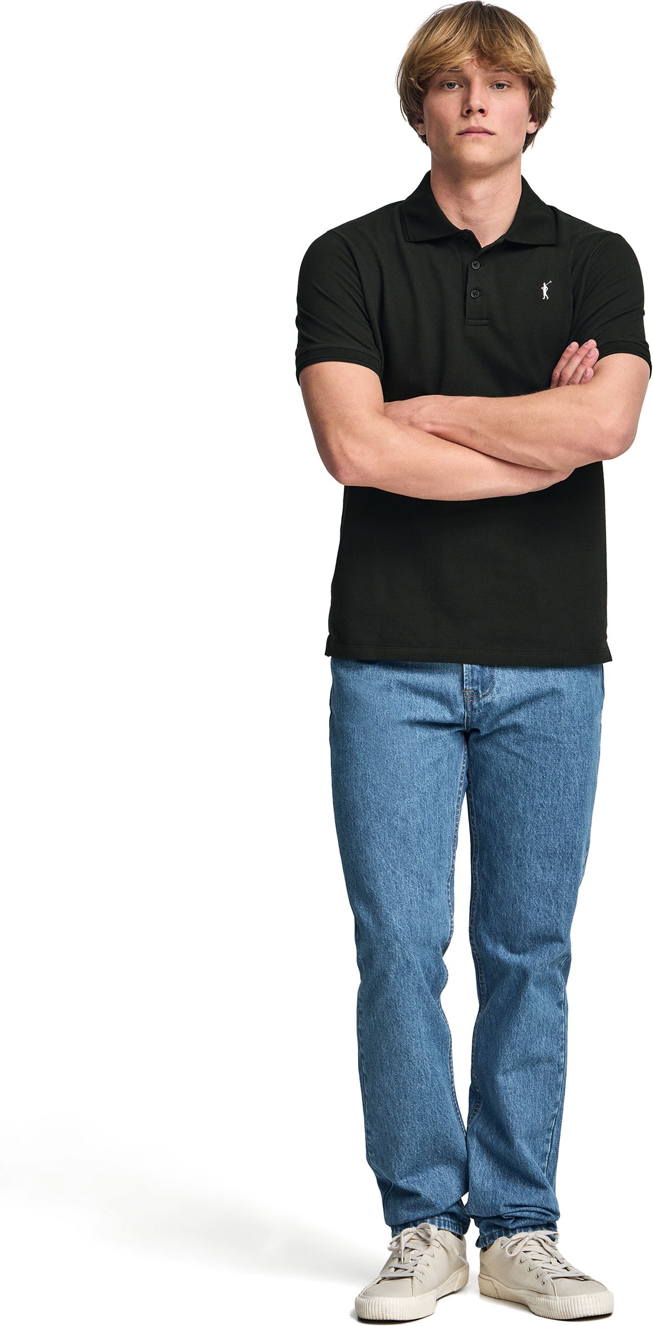 Kurzärmliges Poloshirt schwarz mit drei Knöpfen und Rigby Go Logo