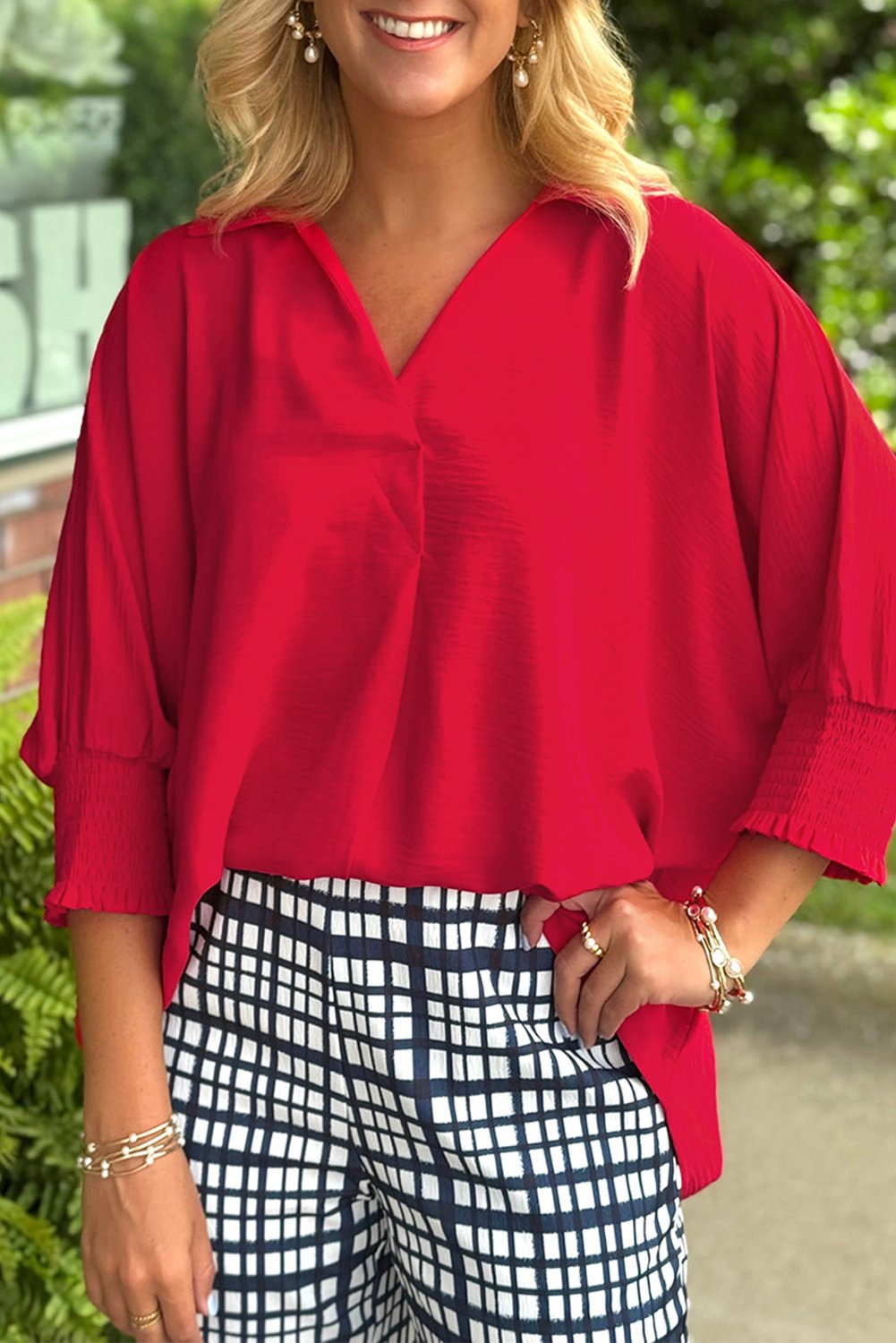 V-Ausschnitt Bluse mit 3/4-Ärmeln