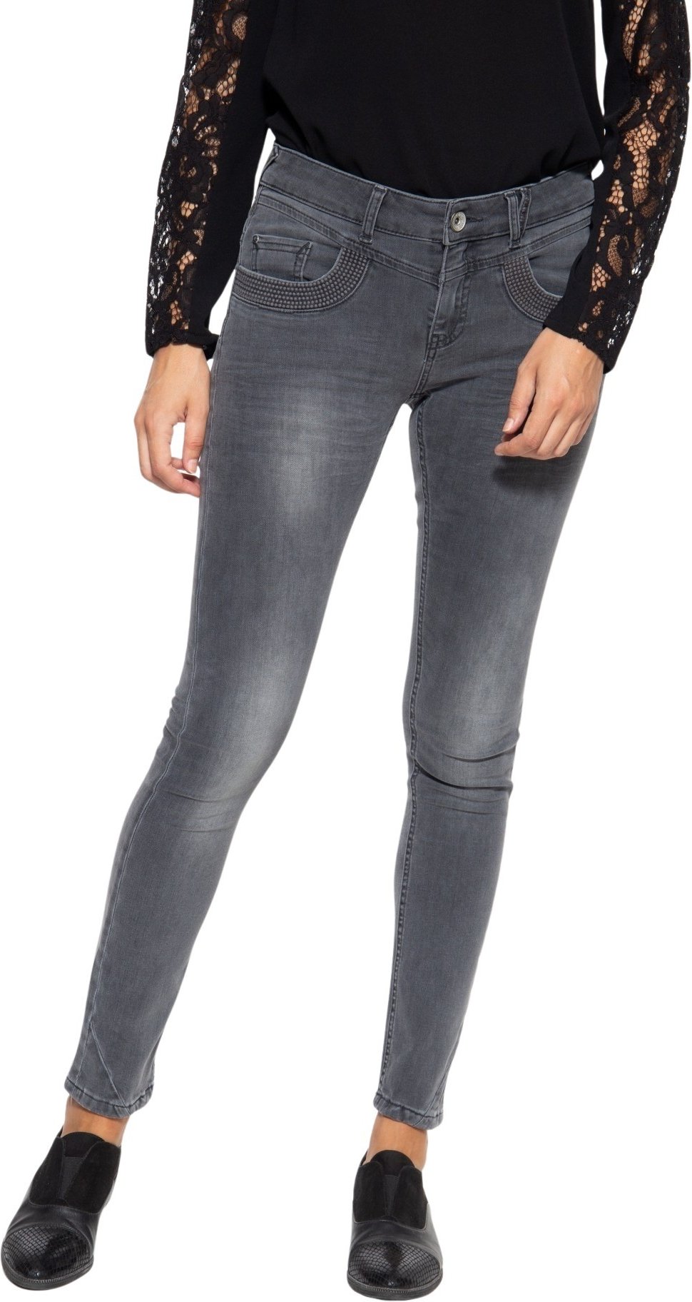 Amor, Truth & Trust Damen ATT JEANS Damen 5-Pocket Jeans mit Strukturstickerei am Tascheneingriff Venus grau