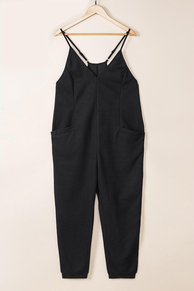 Thumbnail - Azura Exchange Damen Strukturierter V-Ausschnitt Jumpsuit mit Taschen in Schwarz
