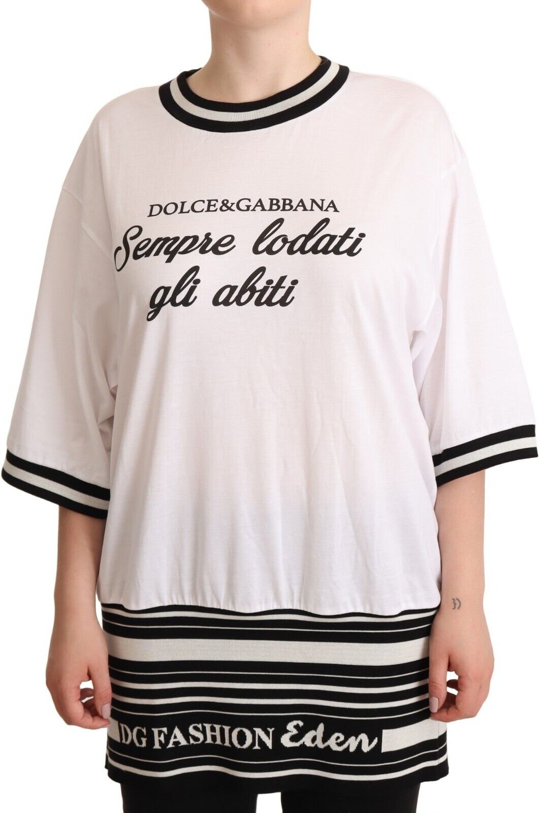 Dolce & Gabbana Damen Weißes DG Fashion Print Baumwoll Rundhals T-Shirt