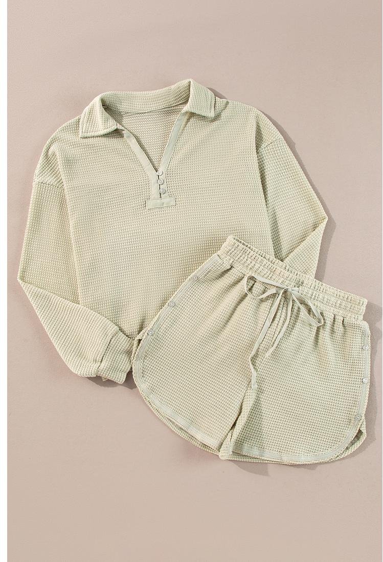 Thumbnail - Azura Exchange Pergamenttexturiertes Langarm-Top mit Knöpfen und 2-teiliger Shorts-Set
