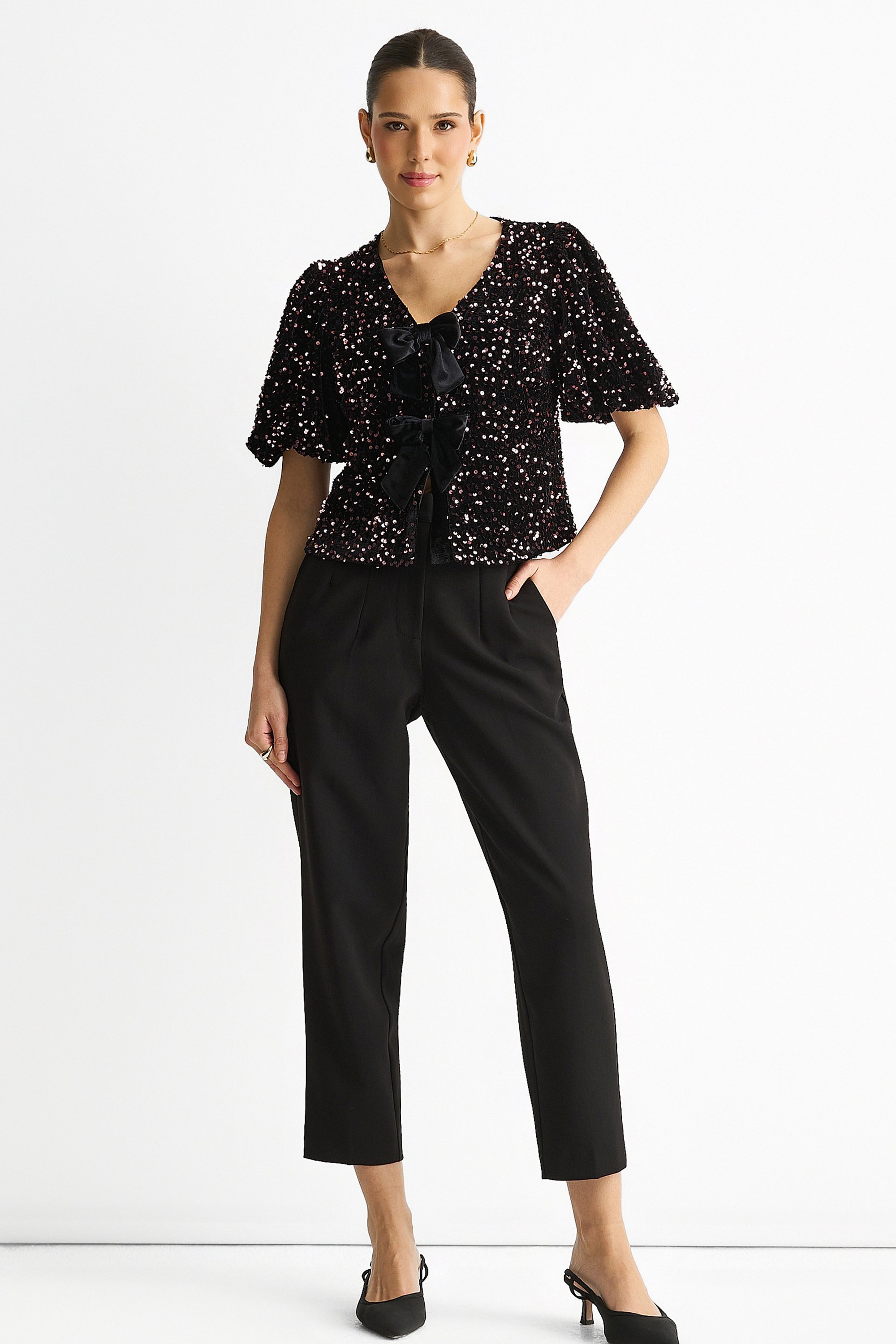 Lila Samt Pailletten Schleife Front Bubble Sleeve Top