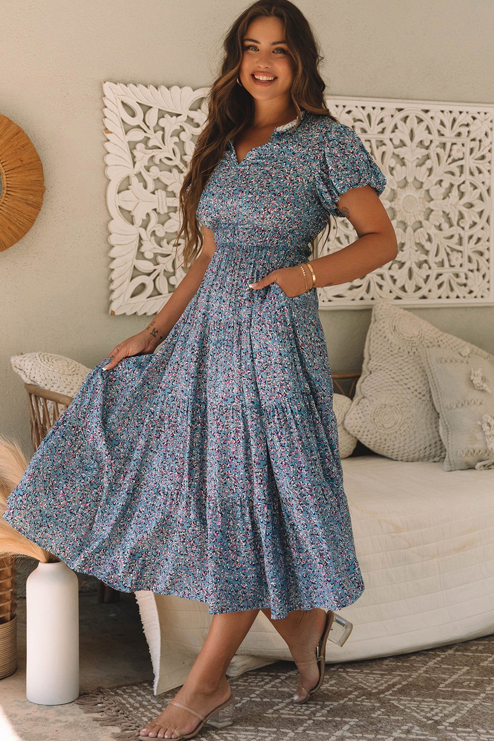Blumendruck Tiered Midi-Kleid