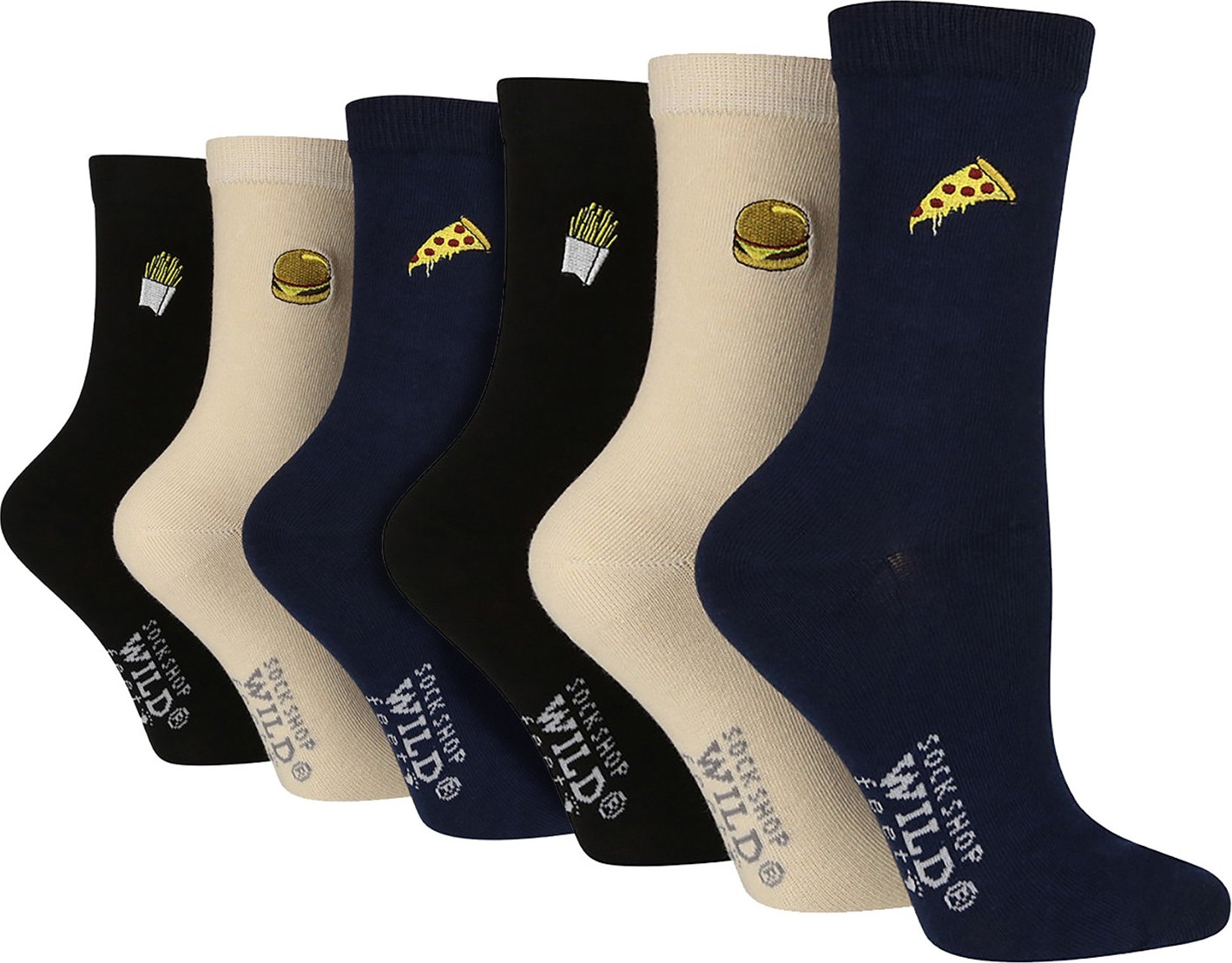 6 Pack Damen Schwarz Neuheit Socken | Wildfeet | Cute bestickte Socken in Baumwolle - Fast Food