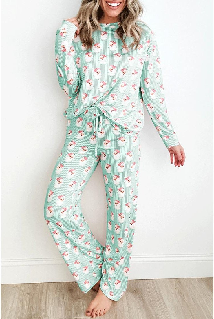 Thumbnail - Azura Exchange Grüner Weihnachtsmann Gestreiftes Print Lockerer Sitz Zwei-teiliges Loungewear-Set