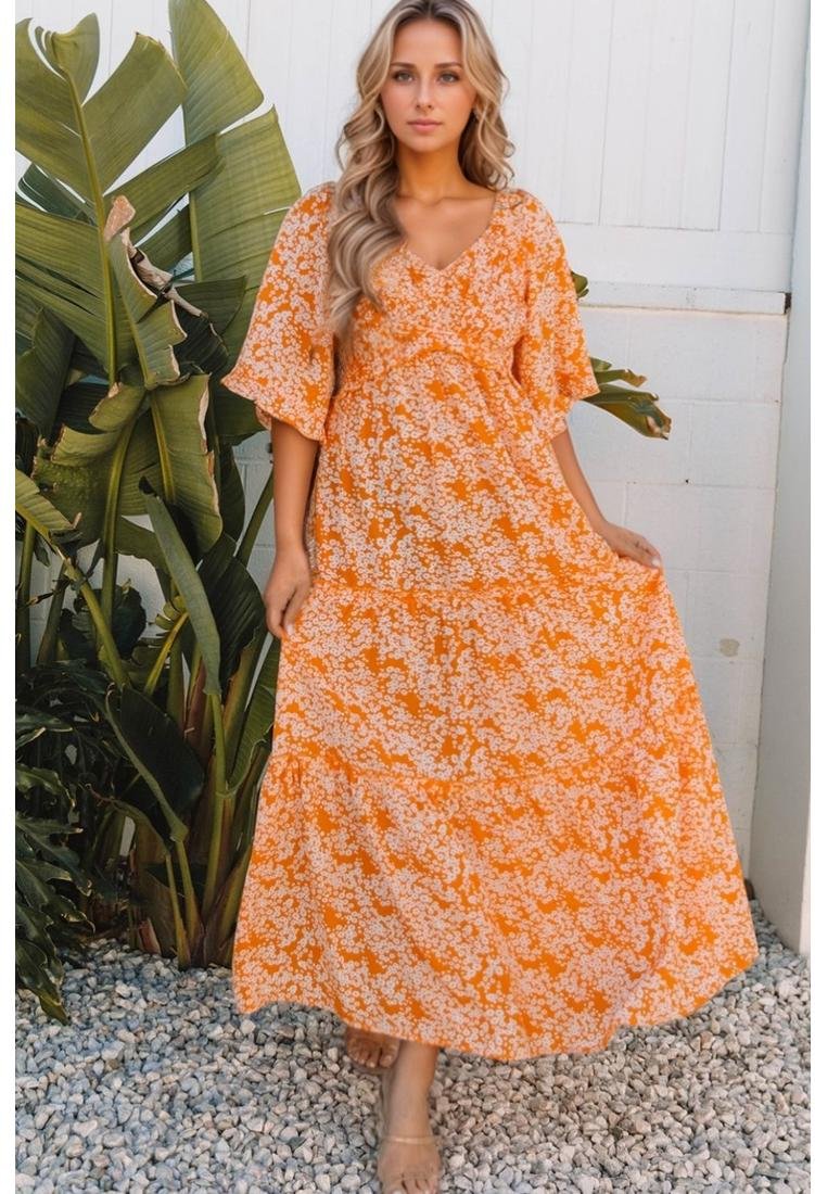 Mit Blumendruck Gesmoktes Maxikleid mit V-Ausschnitt und weiten Armeln