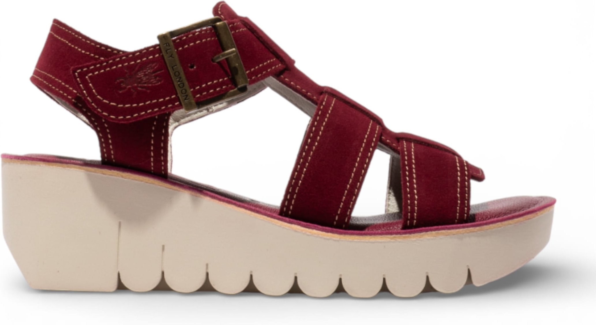 Fly London Damen-Keilsandalen YUDD236FLY aus beerenrotem Leder