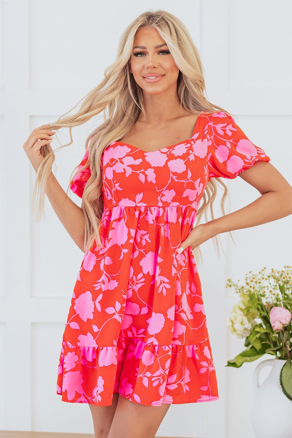 Blumen Puffärmel Mini Kleid