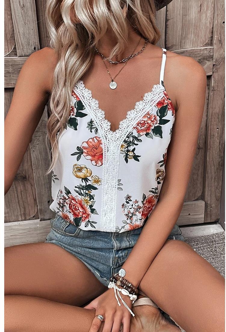 Thumbnail - Weißes Blumenmuster Spitzeneinsatz V-Ausschnitt Tanktop
