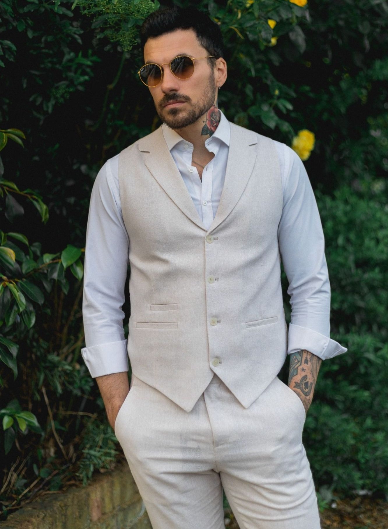 Thumbnail - Herren Sommer 2-teiliges Anzugset Leinen Formal Creme Beige Weste Hose