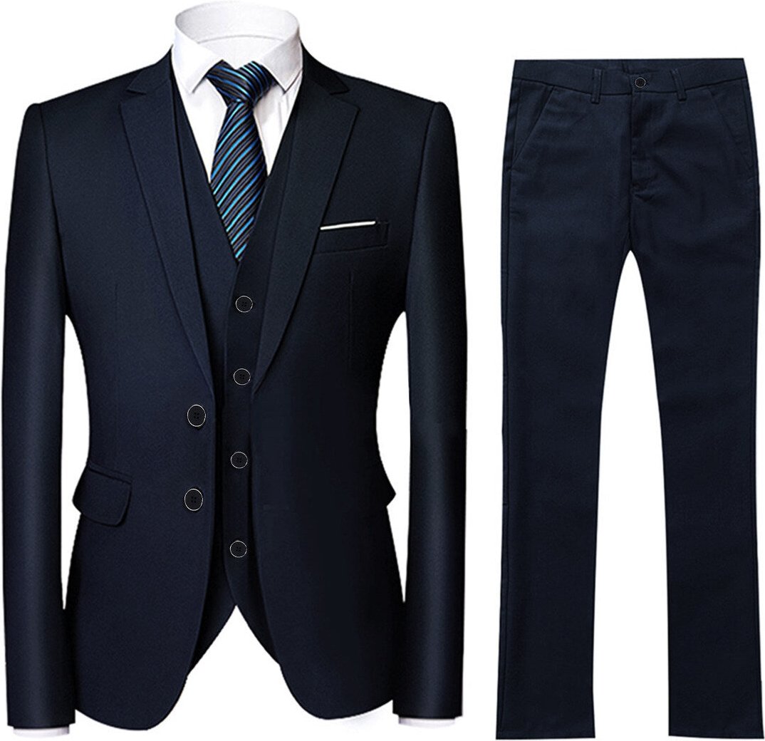 3-teiliges Herren Business Anzug Set mit zwei Knöpfen, einfarbig, Marineblau