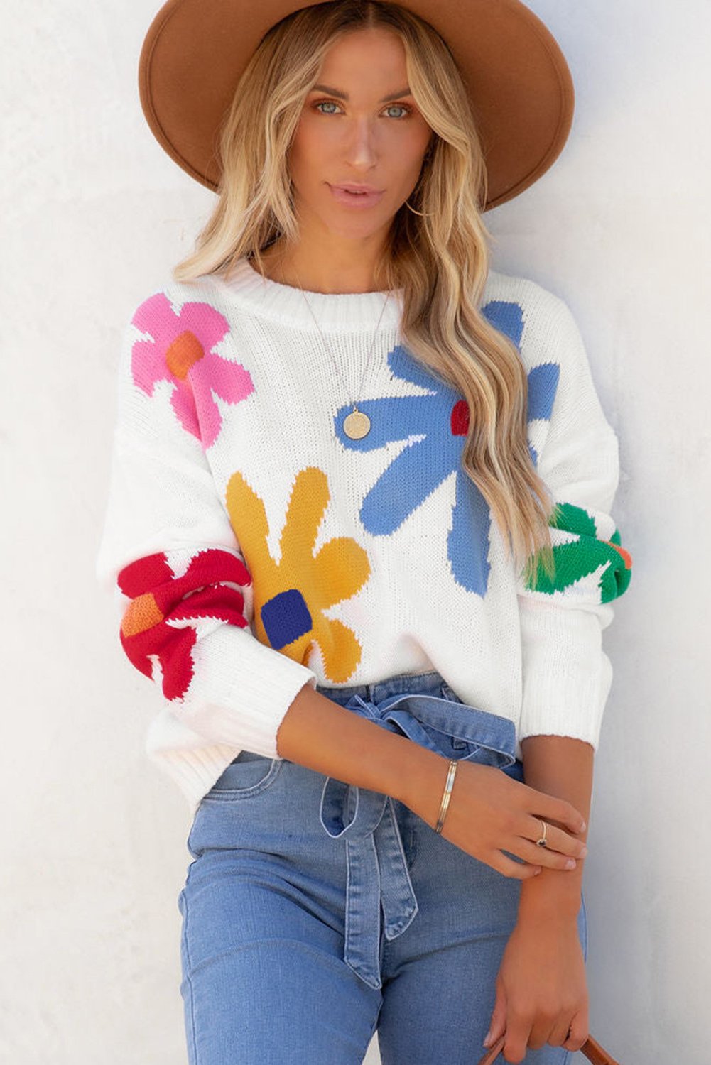 Weißer Farbenfroher Großer Blumenmuster-Pullover mit Rundhalsausschnitt