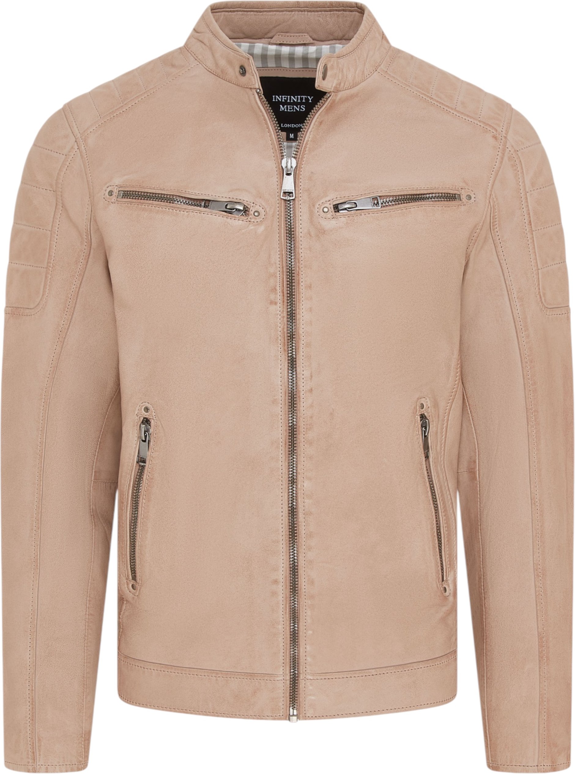 Beigefarbene, moderne, klassische Bikerjacke aus gestepptem Leder für Herren – Derry