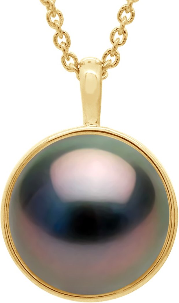 Halskette mit Perlenanhänger Gelbgoldumgebung mit Diamanten besetzt - Echte kultivierte Tahitiperle rund 10-11 mm