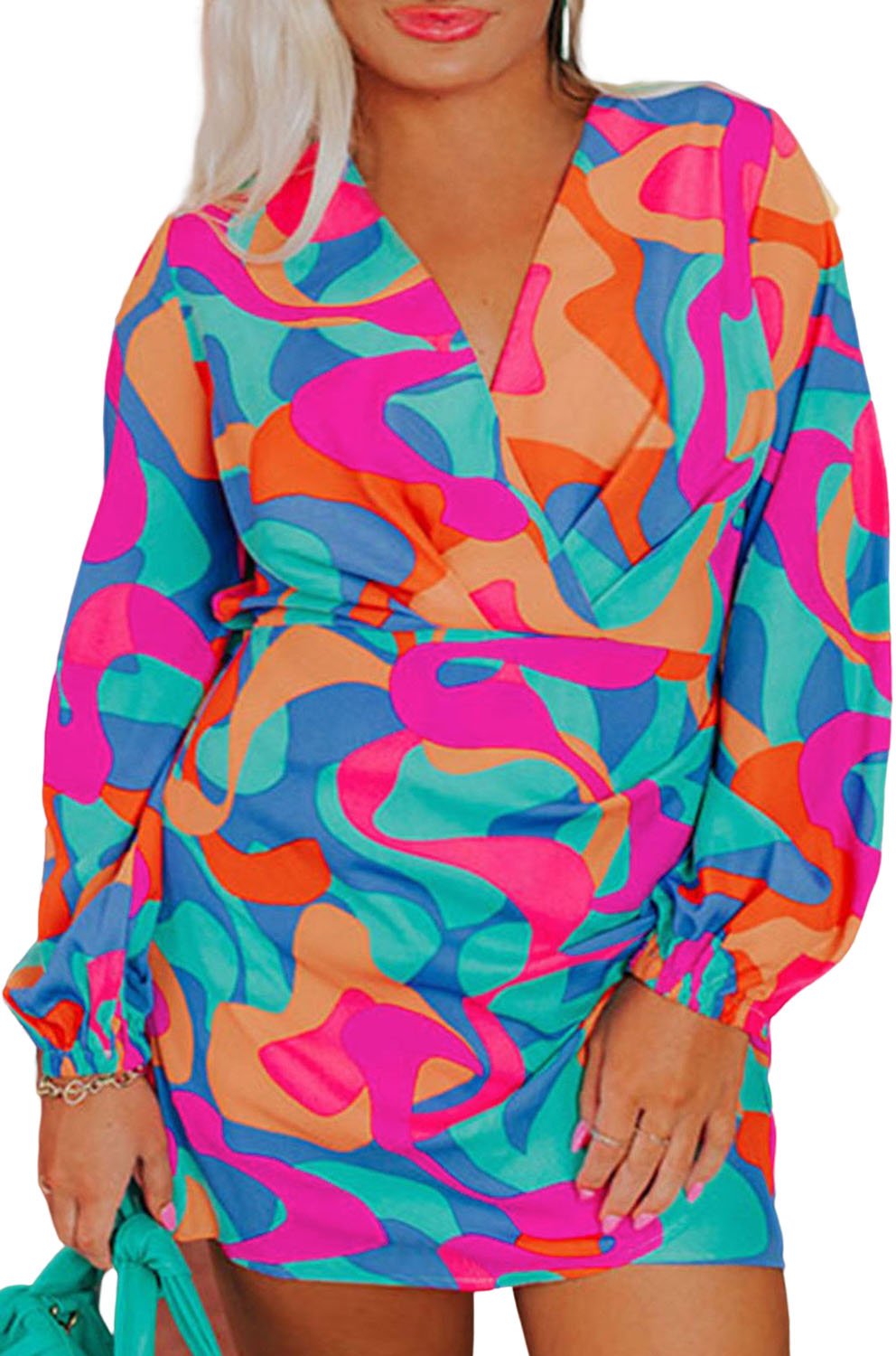 Mehrfarbiges Plus-Size Abstrakt-Muster Faltendes Wickelkleid mit langen Ärmeln