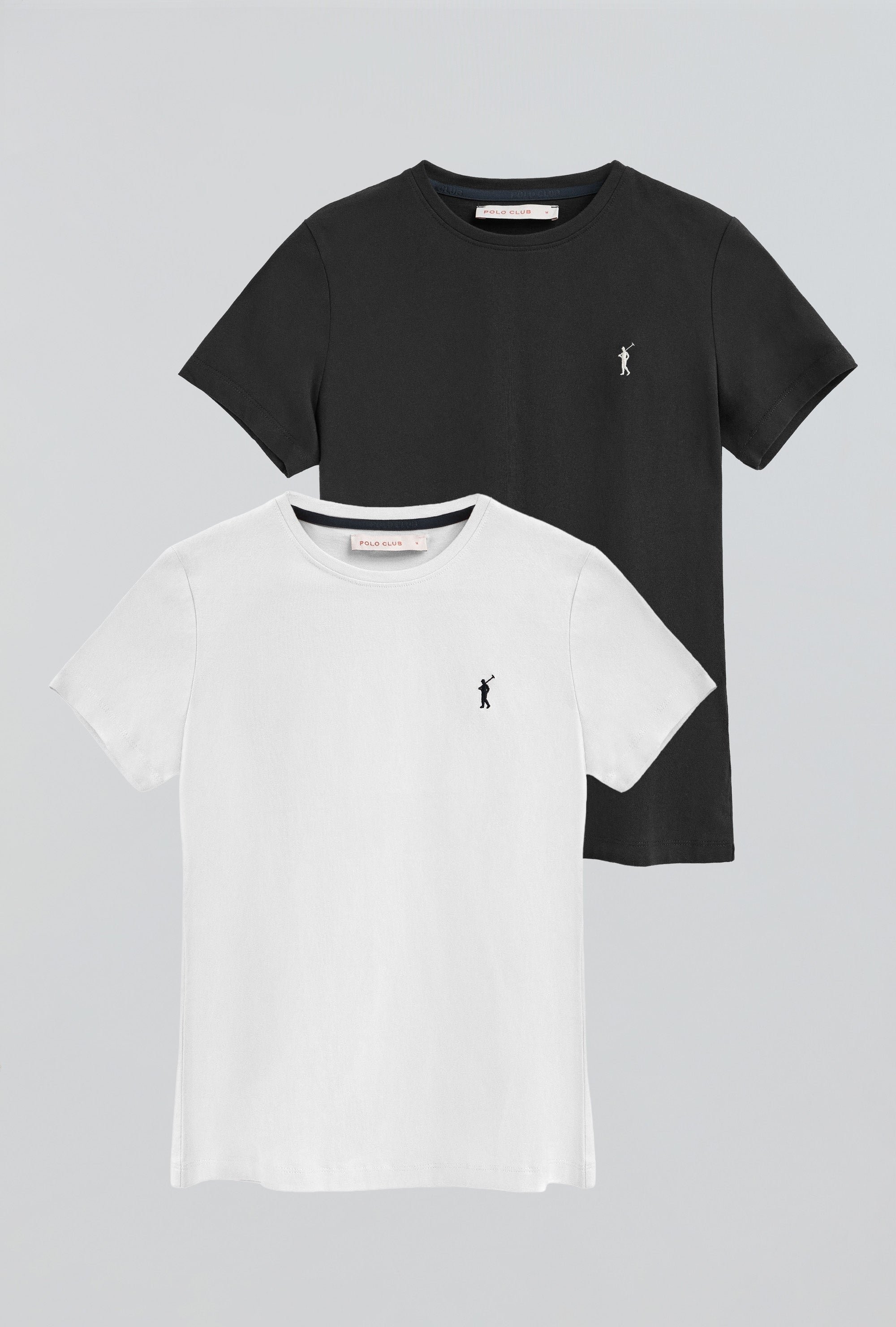 Zweierpack Damen-T-Shirts weiß und schwarz mit kurzen Ärmeln und gesticktem Rigby Go-Logo