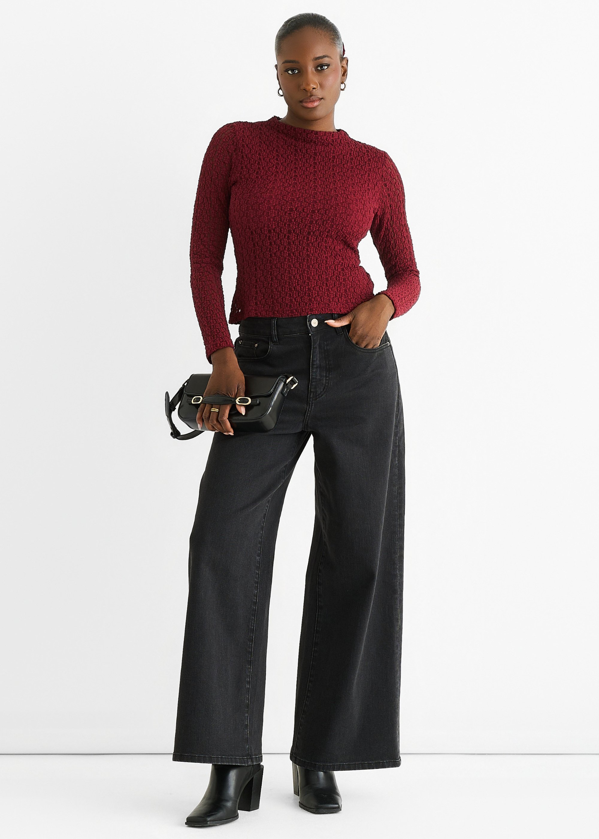 Burgunderfarbenes Jersey-Spitzen-Top mit langen Ärmeln und hohem Halsausschnitt